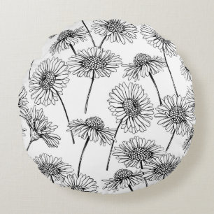 Daisies, wild flowers in black and white round pillow