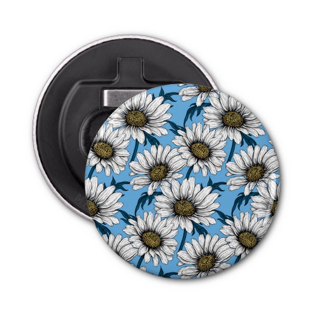 Daisies, wild flowers on blue bottle opener (Front)