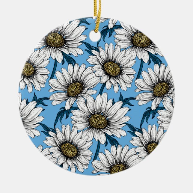 Daisies, wild flowers on blue ceramic ornament (Front)