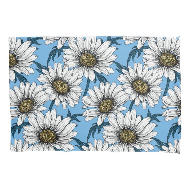 Daisies, wild flowers on blue pillowcase (Front-Left)