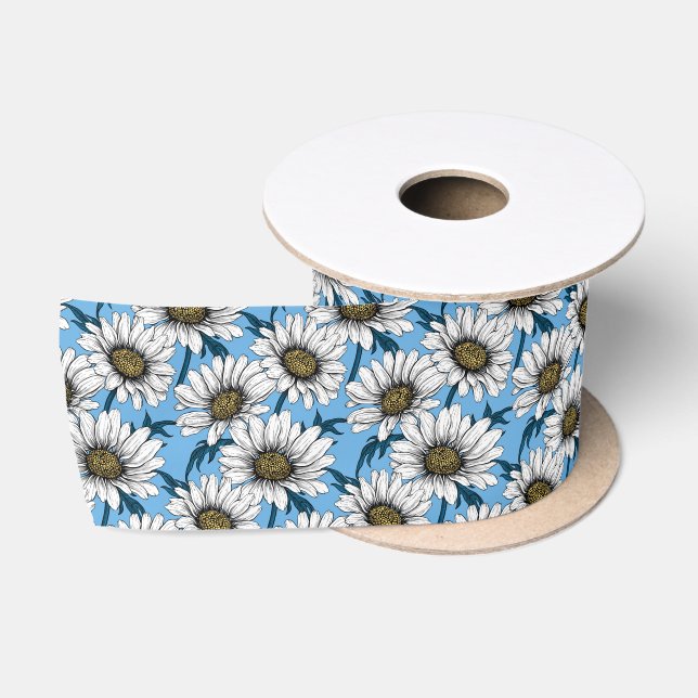 Daisies, wild flowers on blue satin ribbon (Spool)