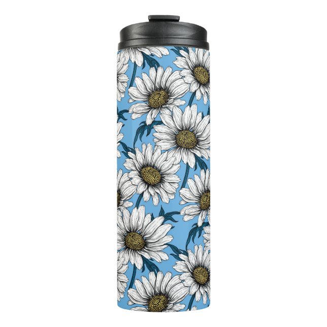 Daisies, wild flowers on blue thermal tumbler (Front)
