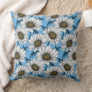 Daisies, wild flowers on blue throw pillow