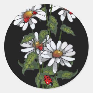 Daisies With Ladybugs on Black: Art Classic Round Sticker