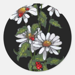Daisies With Ladybugs on Black: Art Classic Round Sticker