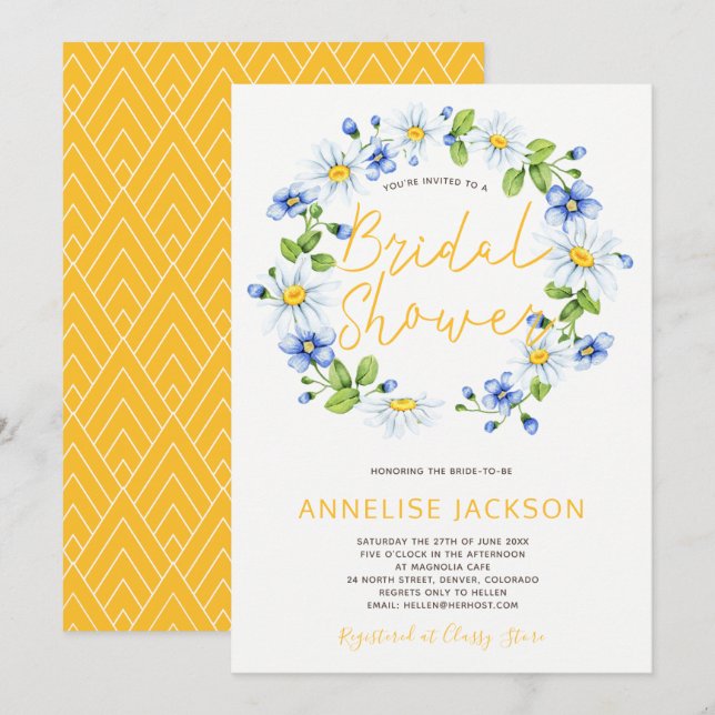Daisies wreath yellow blue bridal shower invitation (Front/Back)
