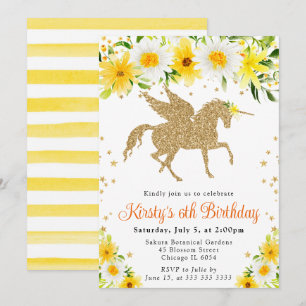 Daisies Yellow Floral Gold Unicorn Birthday Party Invitation