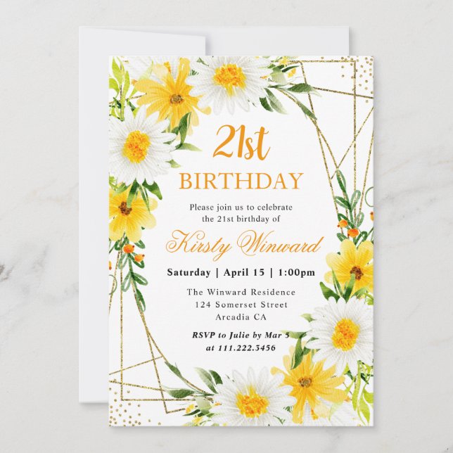 Daisies & Yellow Flowers Gold Frame 21st Birthday Invitation (Front)