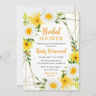 Daisies & Yellow Flowers Gold Frame Bridal Shower Invitation