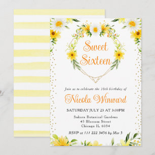Daisies & Yellow Flowers Heart Wreath Sweet 16 Invitation