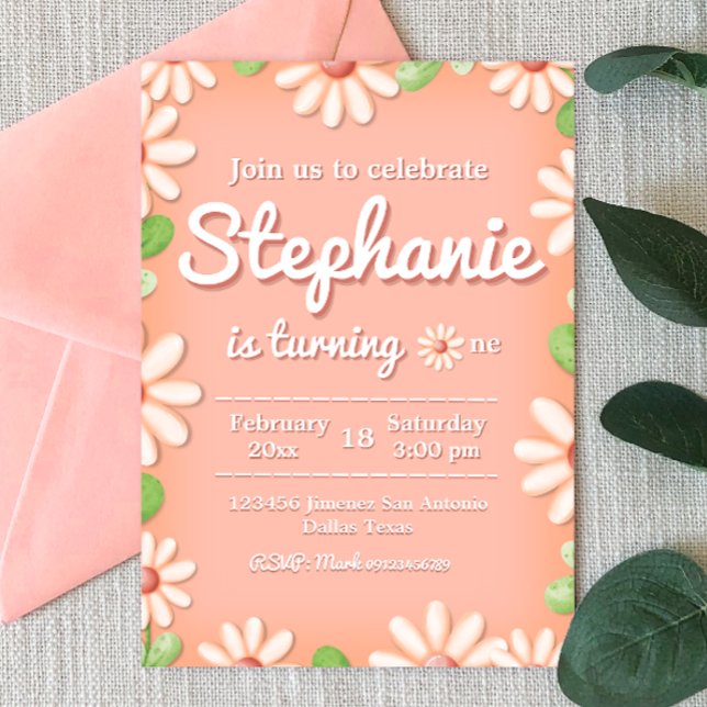 Daisy 1er Anniversaire Invitation fille (Daisy 1st Birthday Girl Invitation - Peach Pastel Color - Boho Themed)
