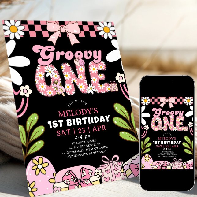 Daisy 1st Birthday Pink and Black Retro Birthday  Invitation (Creator Uploaded)