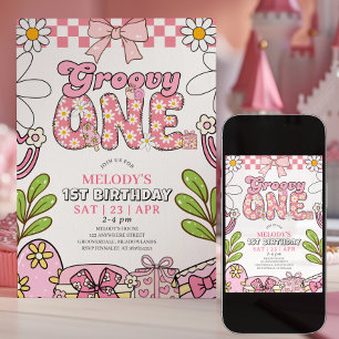 Daisy 1st Birthday Pink Retro Birthday Invitation