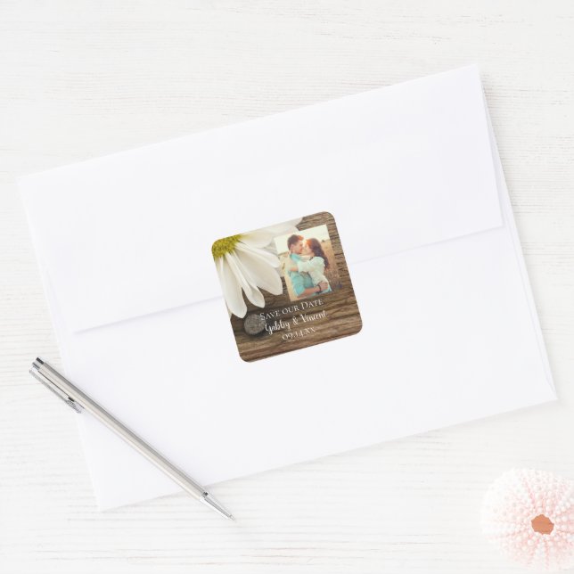 Daisy and Barn Wood Country Wedding Save the Date Square Sticker (Envelope)