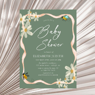 Daisy and Bees Floral Green Baby Shower Invitation