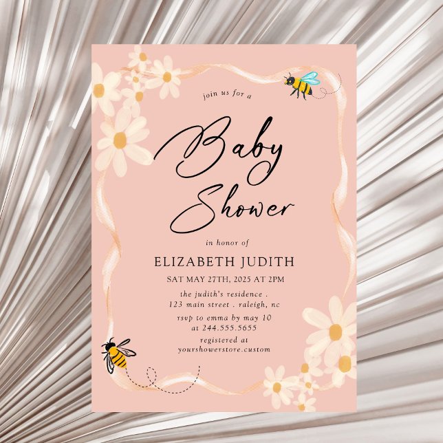  Daisy and Bees Floral Pink Baby Shower Invitation (Creator Uploaded)