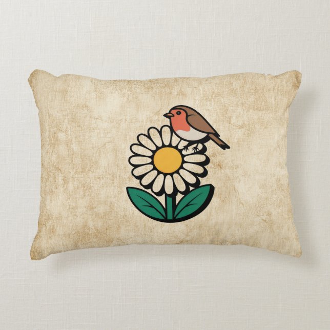 Daisy and Bird Design Accent Pillow (Front)