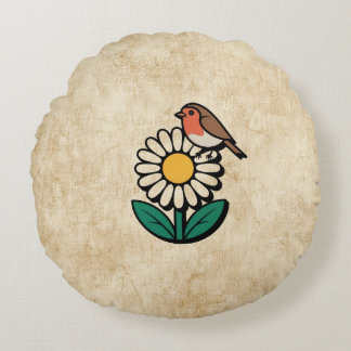 Daisy and Bird Design Round Pillow