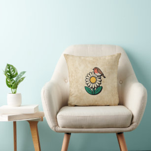 Daisy and Bird Design Throw Pillow