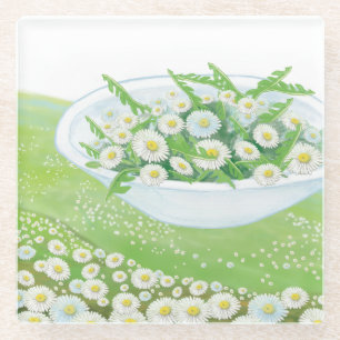 Daisy and Dandelion Spring Salad  Illustration  Glass Coaster