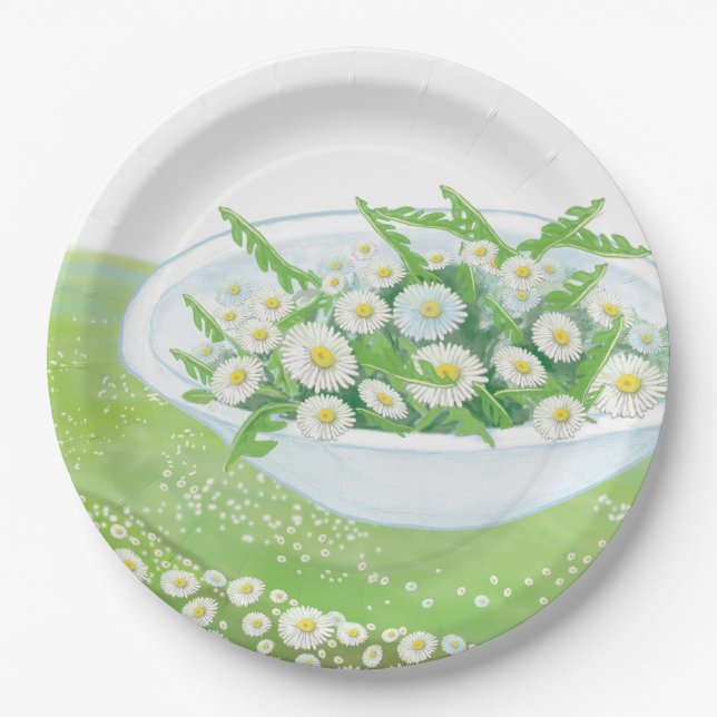 Daisy and Dandelion Spring Salad  Illustration  Paper Plate (Front)