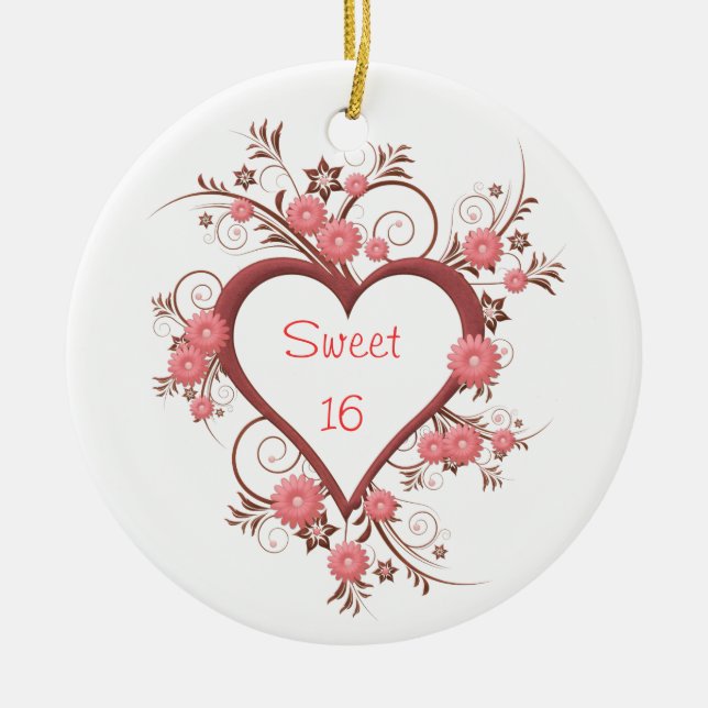 Daisy and Heart Sweet Sixteen Ceramic Ornament (Front)