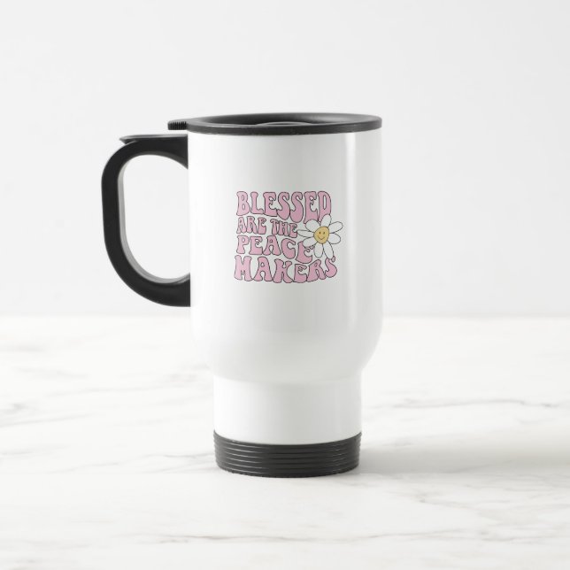 Daisy and Peace Makers Slogan Travel Mug (Left)