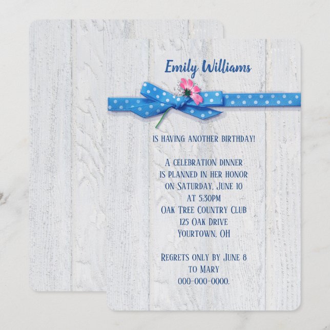 daisy and polka dot ribbon on wood background invitation (Front/Back)