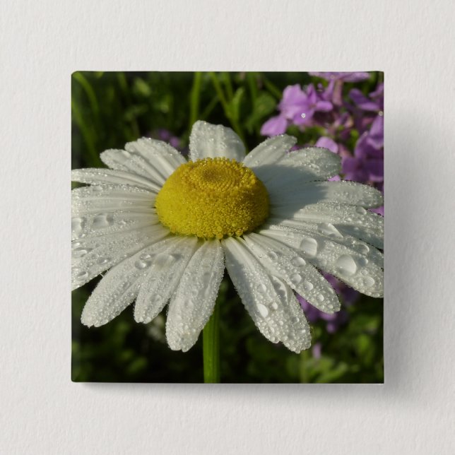 Daisy and Summer Lilac Wildflower 2 Inch Square Button (Front)