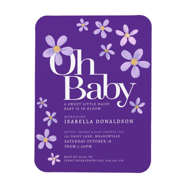 Daisy baby shower oh baby purple invitations magnet (Vertical)