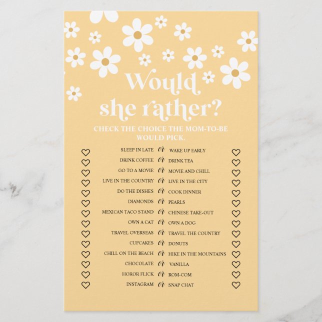 Daisy Baby Shower Would She Rather Game Flyer (Front)
