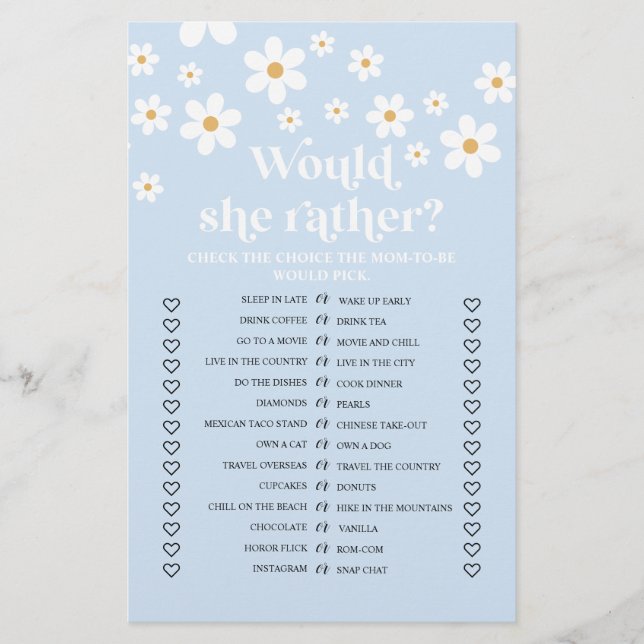 Daisy Baby Shower Would She Rather Game Flyer (Front)