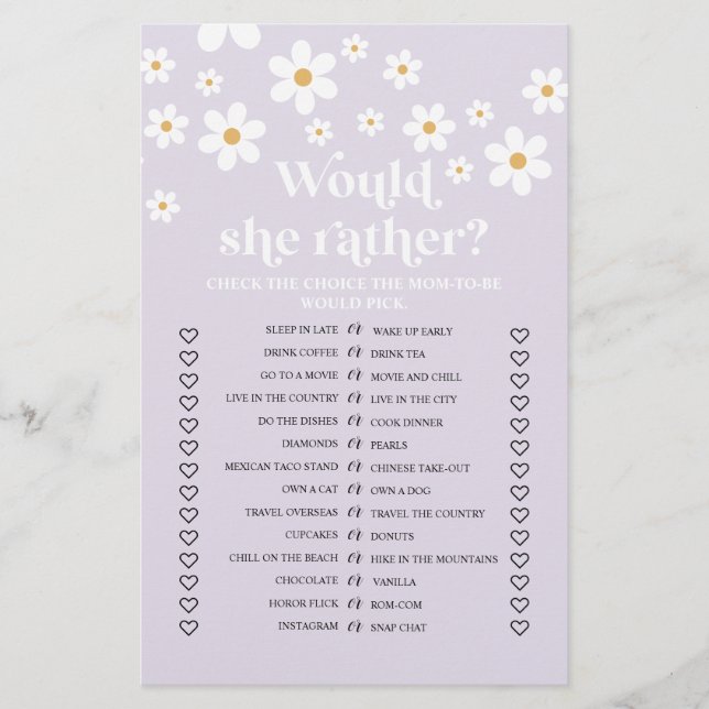 Daisy Baby Shower Would She Rather Game Flyer (Front)