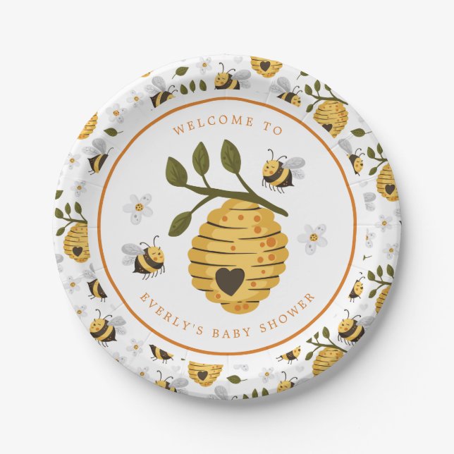 Daisy Beehive Bumblebee Bee Baby Shower Paper Plate (Front)