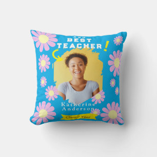 Daisy Best Teacher Photo Blue Throw Pillow