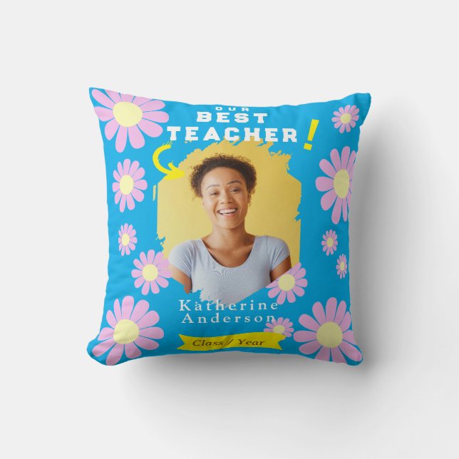 Daisy Best Teacher Photo Blue Throw Pillow (Front)