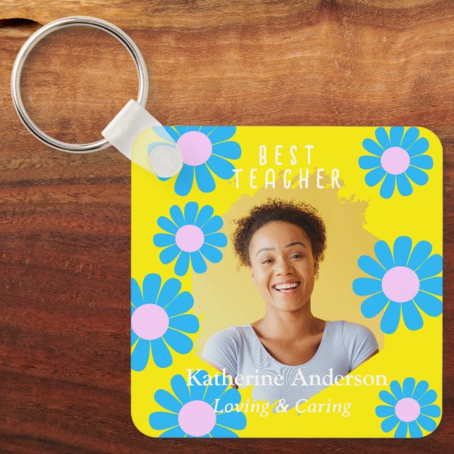 Daisy Best Teacher Photo Bright Yellow Keychain (Front)