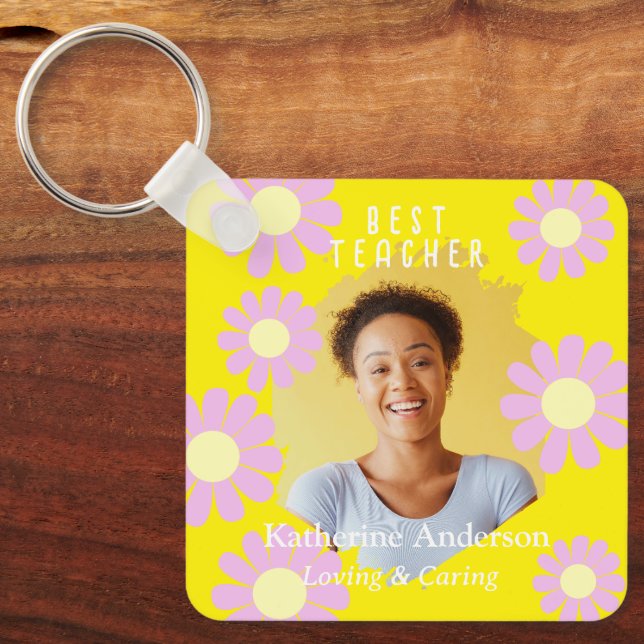 Daisy Best Teacher Photo Bright Yellow Keychain (Front)