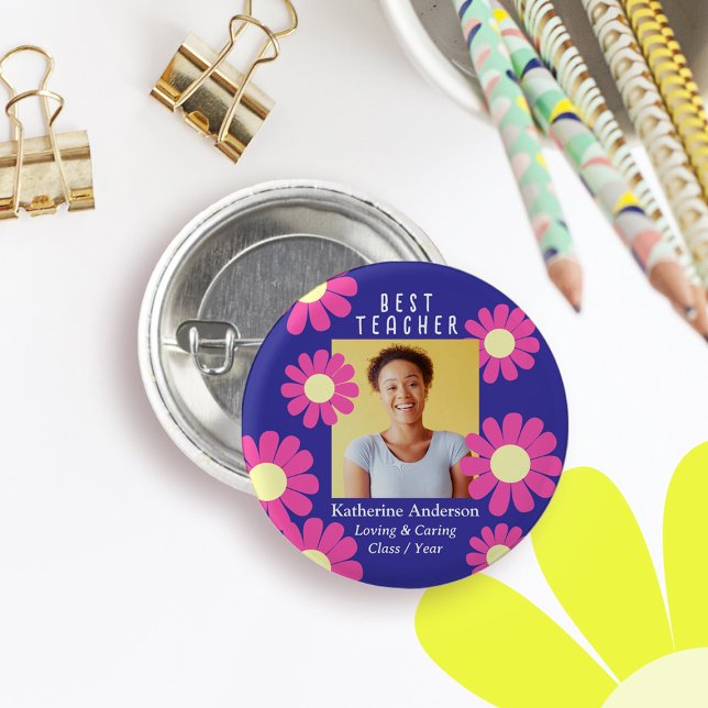 Daisy Best Teacher Photo Dark Purple 1 Inch Round Button (Daisy Best Teacher Blue Button.)