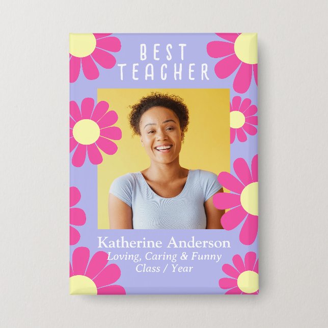 Daisy Best Teacher Photo Purple Button (Front)