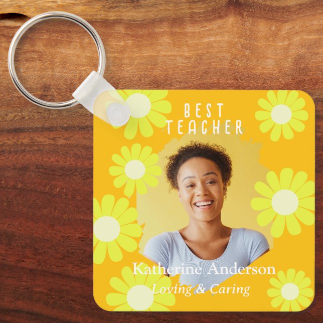 Daisy Best Teacher Photo Yellow Orange Keychain (Front)