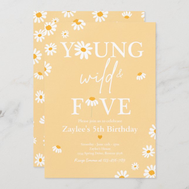 Daisy Birthday Party Bohmian Young Wild And Five Invitation (Front/Back)