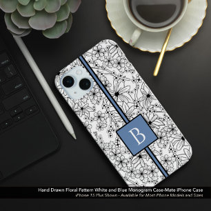 Daisy Black White Floral Pattern Blue Monogram iPhone 15 Mini Case