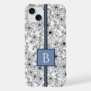 Daisy Black White Floral Pattern Blue Monogram iPhone 15 Plus Case