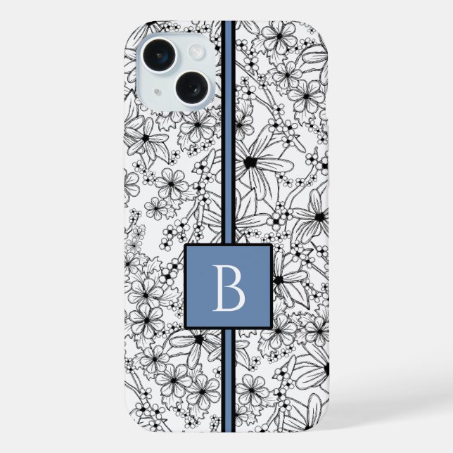 Daisy Black White Floral Pattern Blue Monogram  iPhone Case (Back)