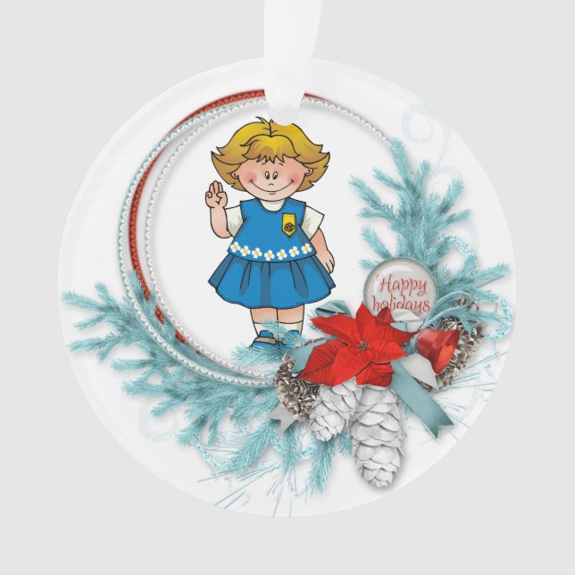 Daisy Blonde Hair Blue Pine Wreath Ornament (Front)