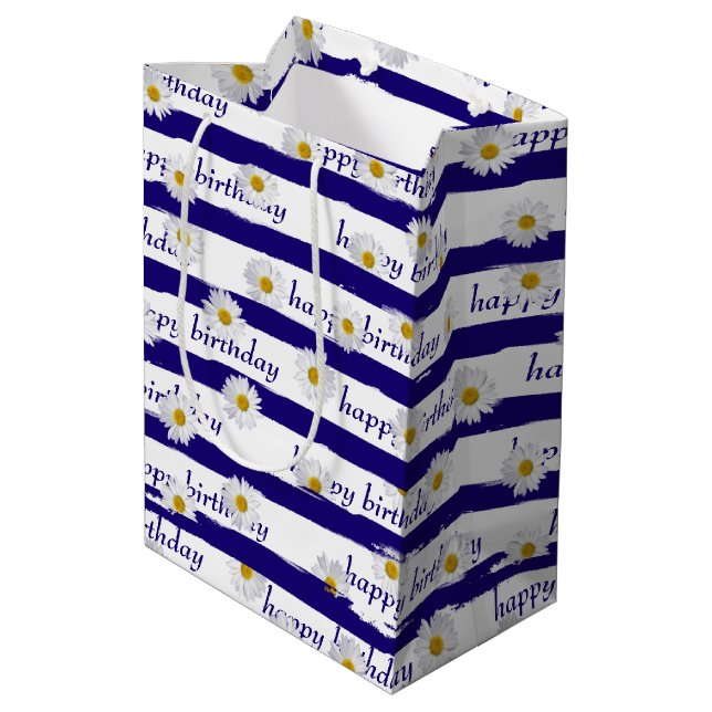 Daisy Blue Stripes Birthday Medium Gift Bag (Back Angled)