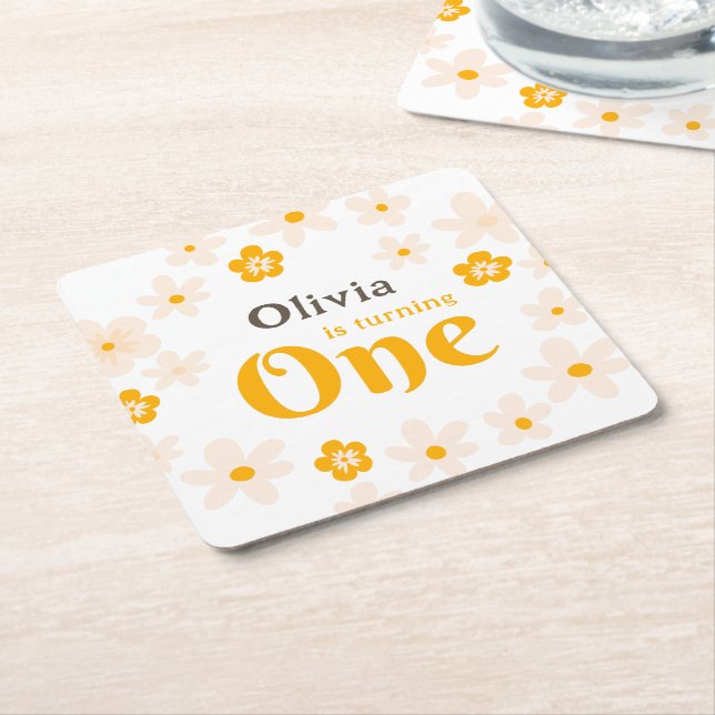 Daisy Boho Floral 1st Birthday Square Paper Coaster (Angled)