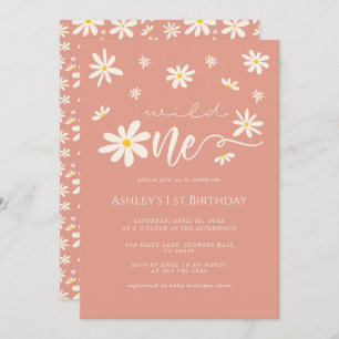 Daisy Boho Wild One 1st Birthday Peach Invitation