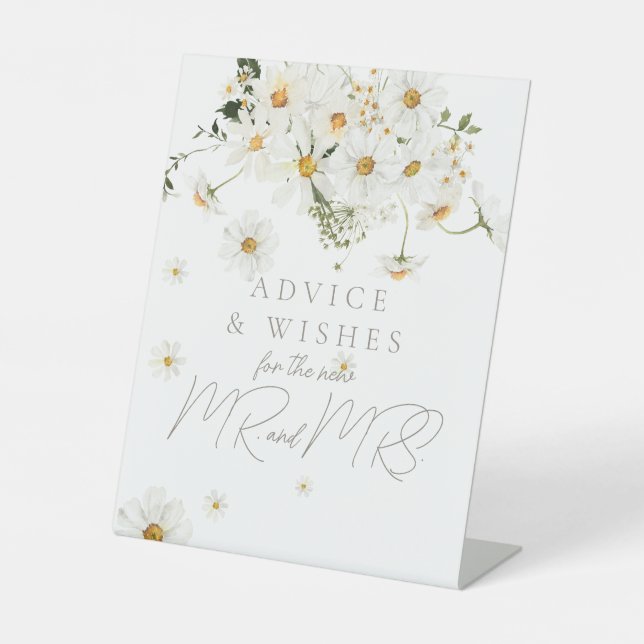Daisy Boho Wildflower Modern Bridal Advice Game Pedestal Sign (Front)
